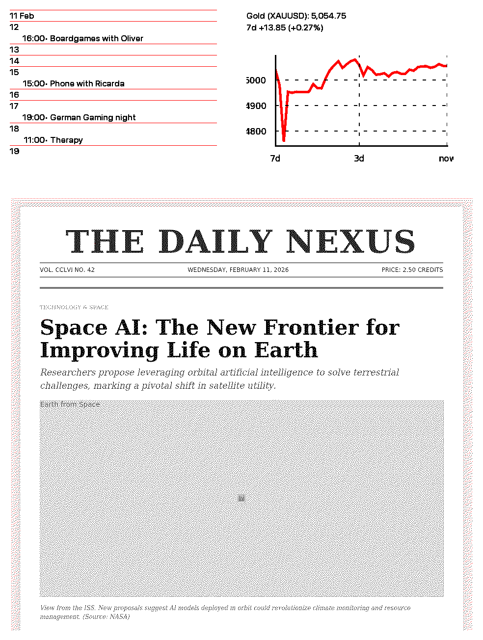 E-paper dashboard showing curated news, gold prices, and calendar